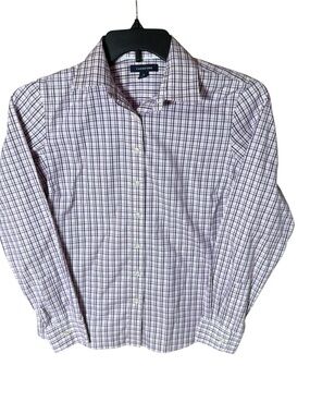 Lands' End Women's No Iron Pinpoint Oxford Purple Plaid Button Down Shirt Size 6